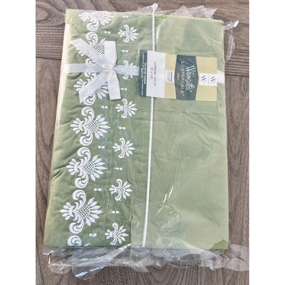Wamsutta Lustercale Crowning Touch Green Embroidered Twin Flat Sheet Old Stock